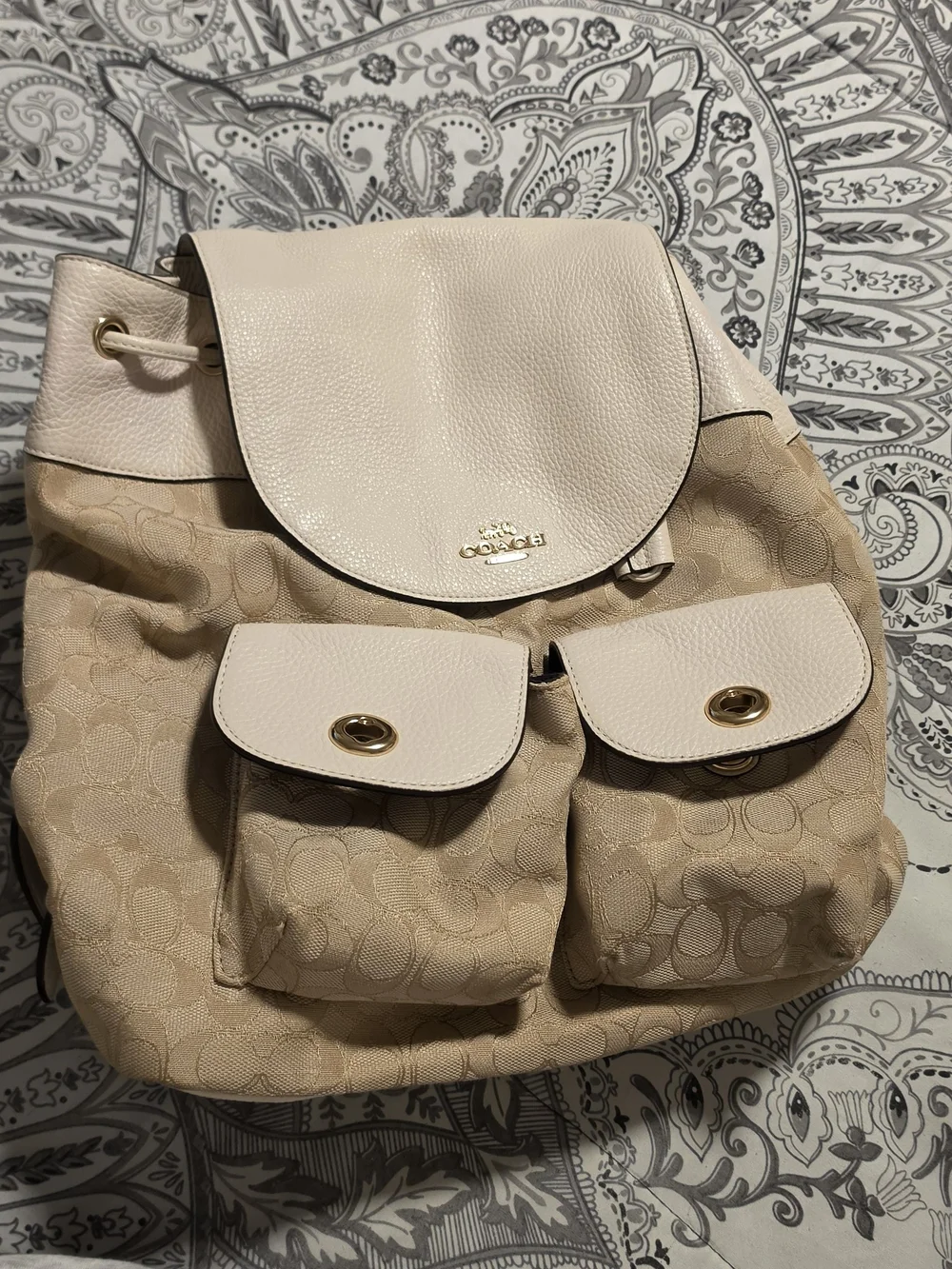 Coach Beige Signature Canvas Backpack with Cream Leather Trim and Gold Hardware